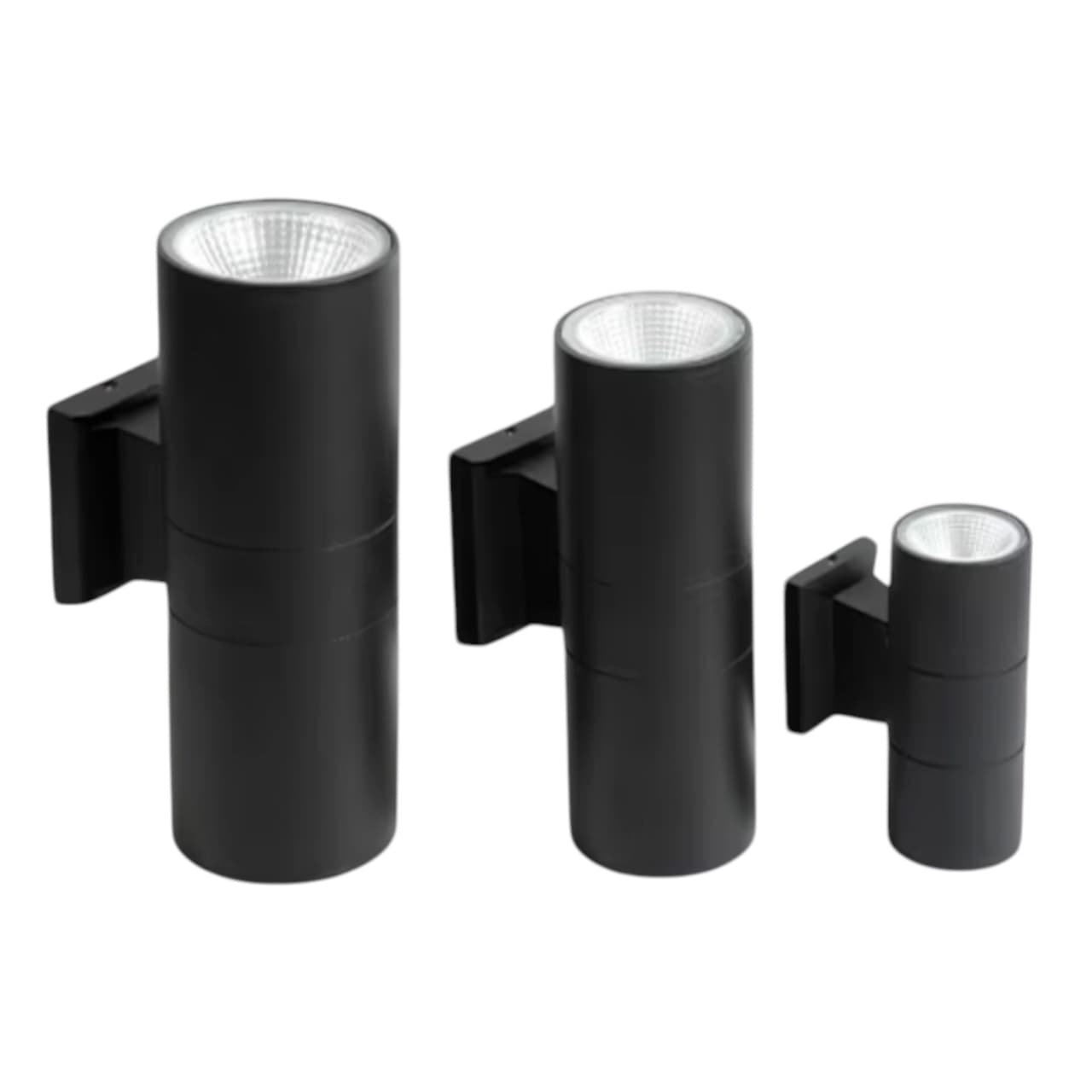 Three black wall-mounted lights on a white background